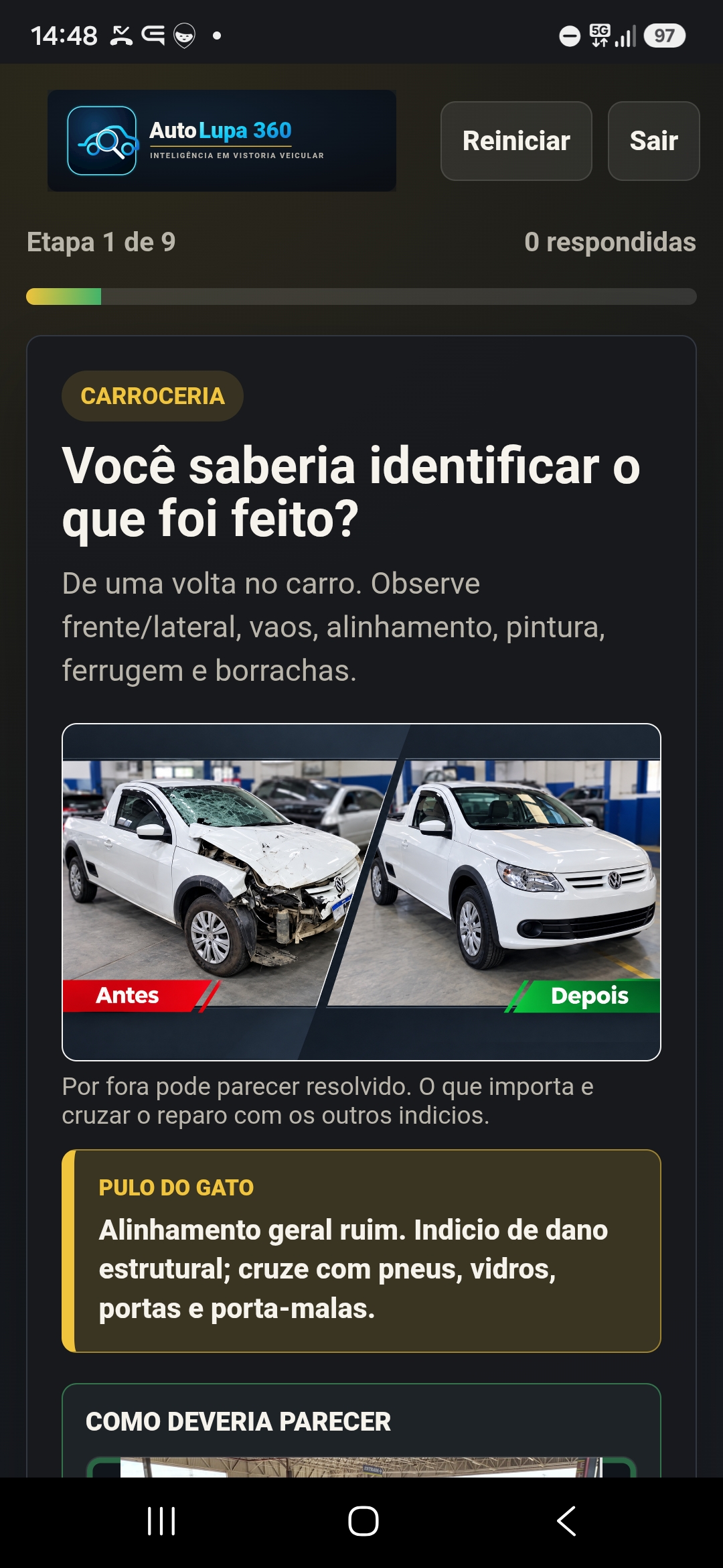 Tela do AutoLupa mostrando a comparação entre um carro danificado e sua aparência após o reparo.