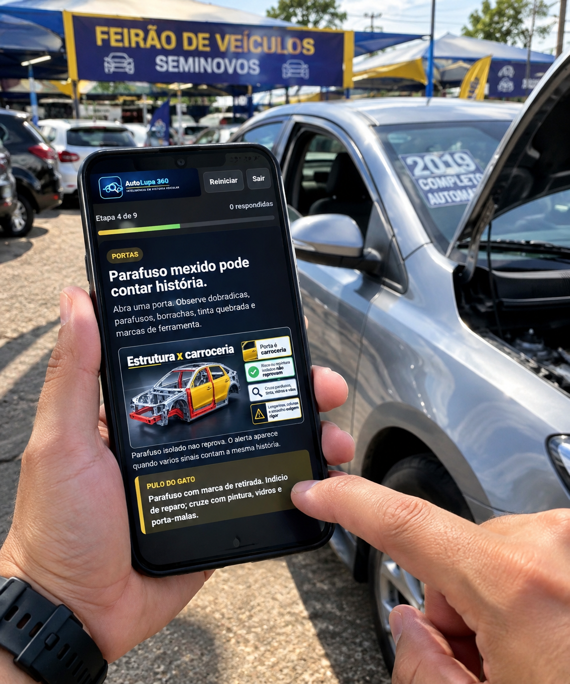 Pessoa usando o AutoLupa 360 no celular para observar a estrutura de um carro